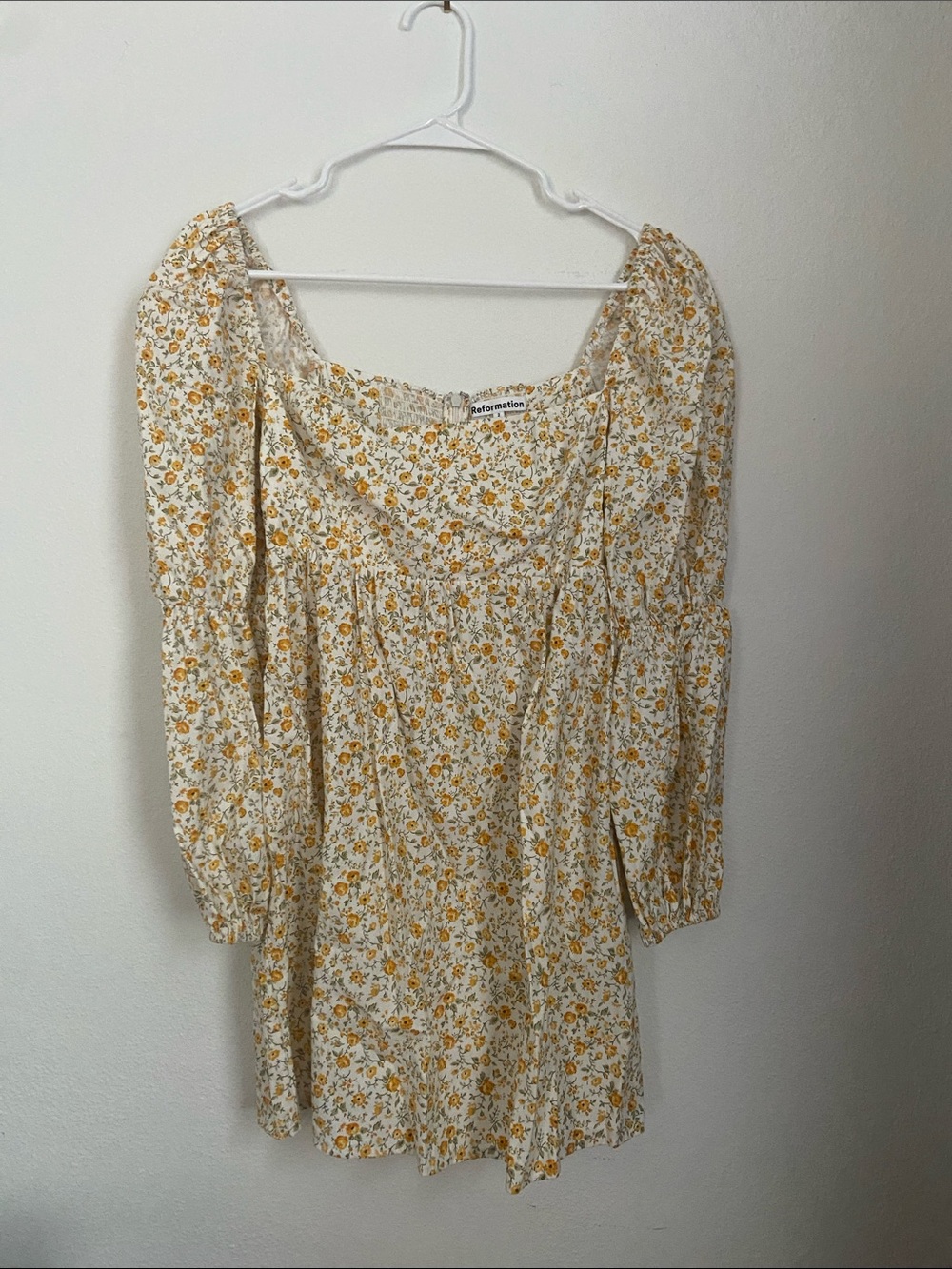 Reformation Michaela Dress Cream and Yellow Floral Square-Neck Mini